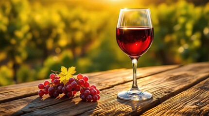 Poster - A glass of red wine on a wooden table with bunches of grapes beside it.