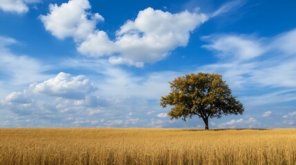 Poster - Stunning Tree on Wheat Field Under Beautiful Cloudy Sky : Generative AI