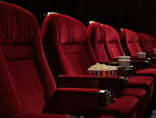 Poster - A row of red velvet movie theater seats with gold arms, each containing a bucket of popcorn and a cup of soda.