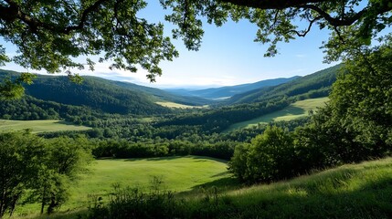 Poster - Breathtaking Landscape View of Lush Green Valleys Under Clear Blue Sky : Generative AI