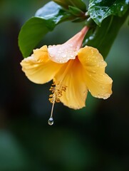 Poster - Yellow Hibiscus Flower with Raindrops on Petals with Blurred Background : Generative AI