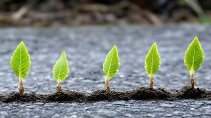 Poster - Fresh Green Leaves Showing Growth Stages in Soil on Grey Surface : Generative AI