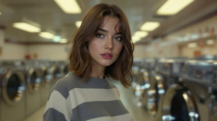 Aufkleber - A woman in a striped sweater stands between rows of laundry machines.