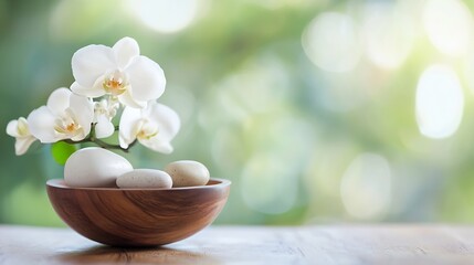 Poster - Elegant White Orchid Flourishing in a Bowl with Smooth Pebbles Relaxing Background : Generative AI