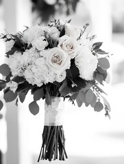 Poster - Elegant bouquet of white roses and hydrangeas beautifully arranged in a classic style : Generative AI