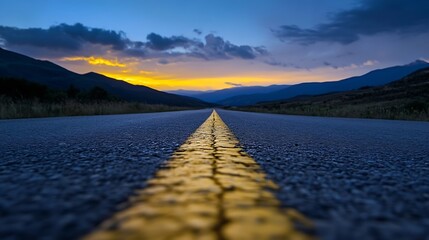Aufkleber - Scenic Road with Yellow Line Leading into Mountains and Colorful Sky at Dusk : Generative AI