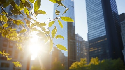 Poster - Sunlight Filtering Through Leaves in Urban Environment with Skyscrapers : Generative AI