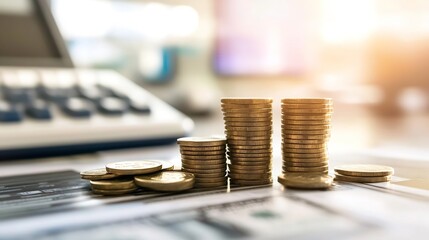 Aufkleber - Growing Wealth and Financial Success Concept with Stacked Coins on a Desk : Generative AI