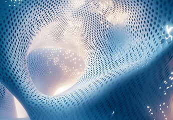 Poster - Abstract 3D rendering of a futuristic, organic structure. The image features a swirling, perforated surface in shades of blue and white, illuminated from within by soft, warm light. The texture is