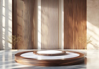 Poster - Sunlit minimalist interior scene featuring a circular wooden podium against a backdrop of vertical wooden slats and beige walls. Small decorative plants flank the display. The overall aesthetic is
