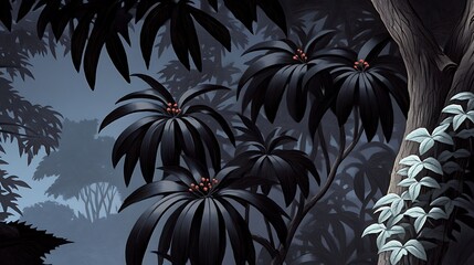 Poster - Dark moody illustration of a jungle scene with large, dark palm like plants and a tree trunk. The background is a hazy, bluish gray. The lighting is subdued, creating a mysterious atmosphere.  The