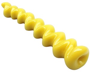 Poster - Close up view of a long, yellow, spiral shaped object with a glossy finish. The object is isolated on a white background, and its texture appears smooth and slightly viscous. The lighting is even