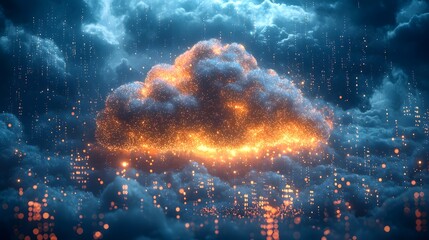 Poster - futuristic digital cloud explosion in a city skyline