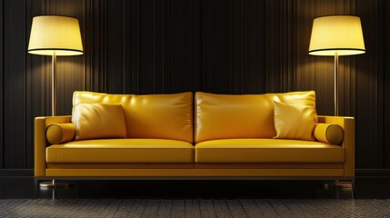 Poster - Yellow monochrome interior with modern leather sofa and a floor lamp with copy space.