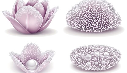 Poster - Close up view of four stylized objects two flower like forms and two pebble like forms. Each object is rendered in shades of pale purple and white, with a textured surface resembling dewdrops or