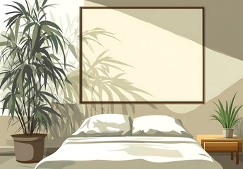 Poster - Pixel art illustration of a minimalist bedroom interior featuring a bed with white linens, a large framed canvas on the wall casting palm shadows, a potted plant, and a small wooden nightstand with