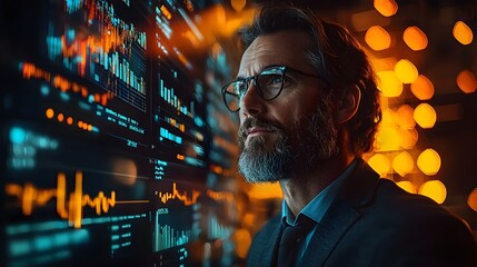 Poster - Confident business executive presenting strategy with holographic data displays