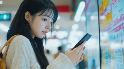 Young woman using smartphone, comparing prices on a digital display in a shopping mall.