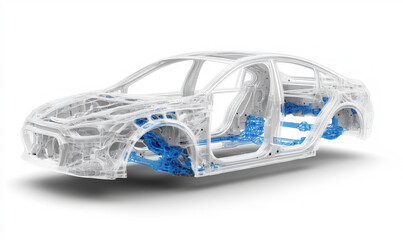 Poster - transparent car chassis showcasing intricate design and engineering details, highlighting structural