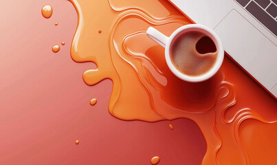 Poster - Coffee spill on laptop, vibrant orange background, cup overflowing with coffee, liquid splashes, modern workspace, creative chaos.