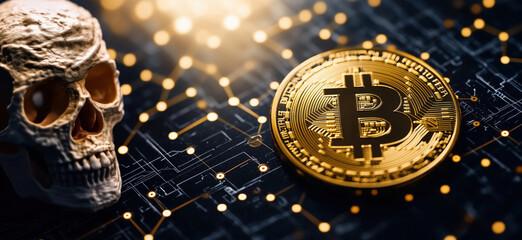 Poster - Bitcoin cryptocurrency coin juxtaposed with skull symbolizing risks and dangers of digital currency investments, copy space for text.