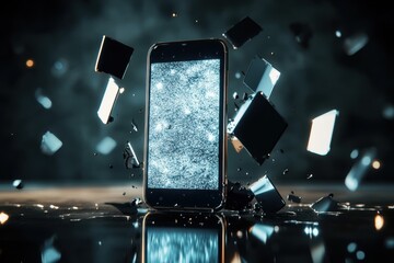 Poster - explosion of shattered pieces around a smartphone glowing in dark environment