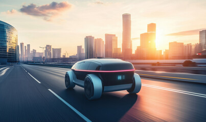 Poster - Futuristic autonomous vehicle cruising through modern cityscape at sunset, showcasing advanced technology and urban architecture.