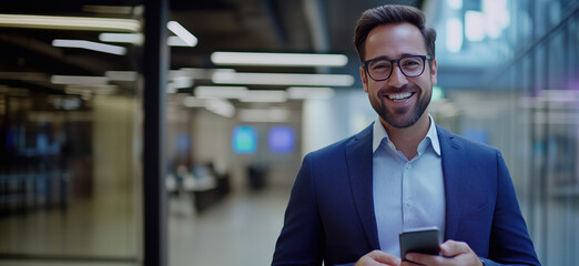 Poster - Smiling businessman in modern office environment using smartphone, showcasing professionalism and confidence, copy space for text.