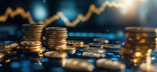 Poster - Gold coins stacked on digital financial background with rising graph, symbolizing investment and wealth accumulation, copy space for text.