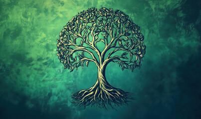 Poster - Intricate tree design with detailed roots and leaves, symbolizing growth, nature, and life on a textured green background.