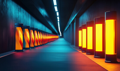 Poster - Illuminated corridor with glowing orange lights creating a futuristic atmosphere, sleek design, modern architecture, and contrasting shadows.