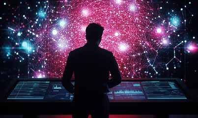 Poster - futuristic data analysis interface with cosmic background, silhouette of a person interacting with a