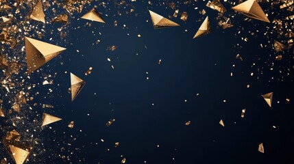 Poster - Vivid textured geometric frame. Abstract gold polygonal geometric frame with golden glitter triangles, geometric, diamond shapes on navy background. Golden confetti splashes in the corner. illustrati