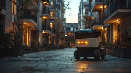 Poster - Robotic courier delivering package in urban night setting