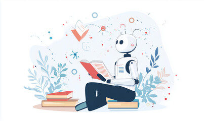 Poster - robot reading book surrounded by plants and abstract elements, showcasing technology and knowledge a