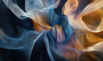 Poster - abstract fluid waves in blue, orange, and white hues creating a dynamic visual flow and depth.