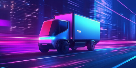 Poster - Futuristic electric delivery truck speeding through neon-lit cityscape at night, showcasing advanced design and technology.
