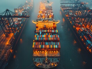 Poster - Bustling cargo port with container ships and cranes loading freight