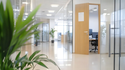 Corporate office space with blurred background and open doorway modern workspace bright environment