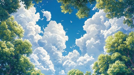 Wall Mural - looking up through vibrant green trees to a bright blue sky filled with clouds. use this sky illustr