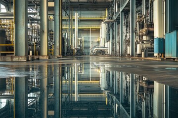 Poster - Industrial facility interior reflecting on a wet floor in a spacious manufacturing area