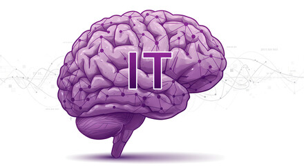 Poster - Human brain with interconnected nodes and text IT, information technology. Brain network and neural connections. Cyber brain, AI, medicine concept for medical presentation.