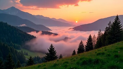 Wall Mural - Tranquil Sunrise Over Misty Mountain Valley with Lush Green Grass and Pine Trees