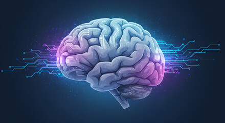 Poster - Human brain with circuit pattern. Artificial intelligence system concept. Digital mind for medical research, ai brain power, innovation and machine learning.