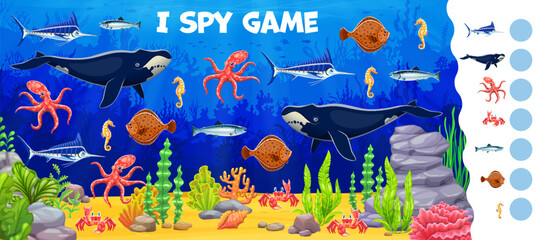 Aufkleber - I spy game worksheet with cartoon sea animals in underwater, vector puzzle quiz for kids. I spy game to find same cartoon sea animals or fishes in ocean with marlin, octopus and crab with seahorse