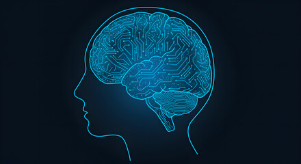 Poster - Artificial intelligence in medicine. Abstract illustration of head and brain with electronic circuit for medical technology and future medicine concept design element.