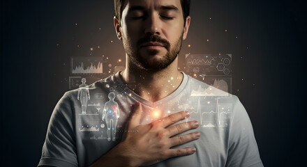 Poster - Man with closed eyes touches chest with digital medical data. Healthcare concept showing health and well being analysis using future technological innovation in medicine.
