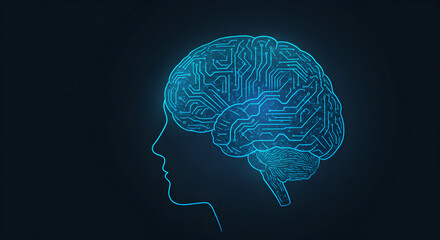 Poster - Woman silhouette with digital brain graphic. Cybernetic mind and artificial intelligence system. Neural network and modern technology for neuroscience, medicine concept.