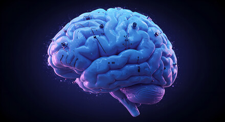 Poster - Human brain with computer chip implants. Artificial intelligence concept for future medicine. Neural network for brain research and data analysis. Brain implant.