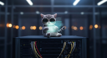 Poster - Cat using a futuristic touchscreen on server equipment. Cute kitten, wearing glasses, working in data center. Technology and artificial intelligence concept for presentation.